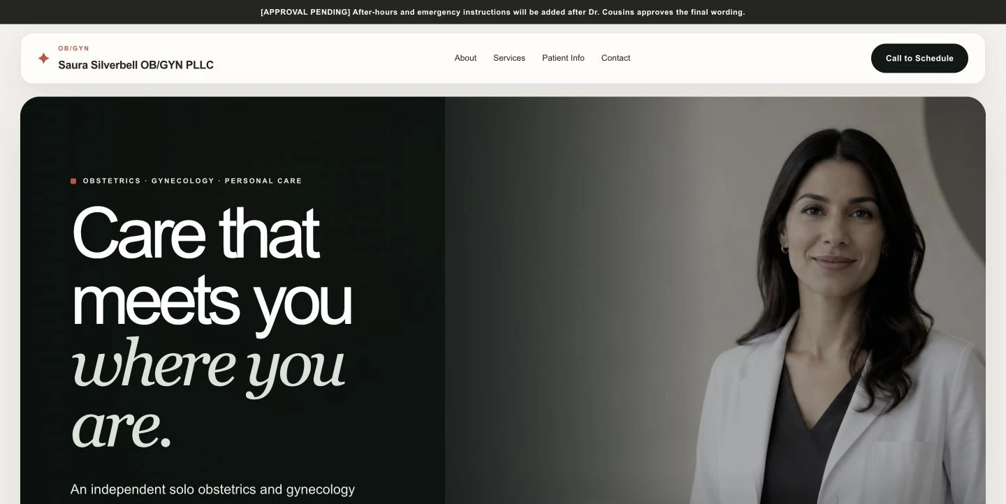 Saura Silverbell OB/GYN website working draft with a clearly labeled temporary portrait